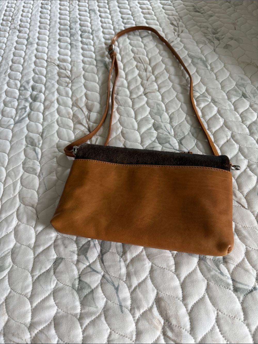 Brown & White Haircalf Crossbody Bag with Tan Leather Trim - Picture 2 of 4